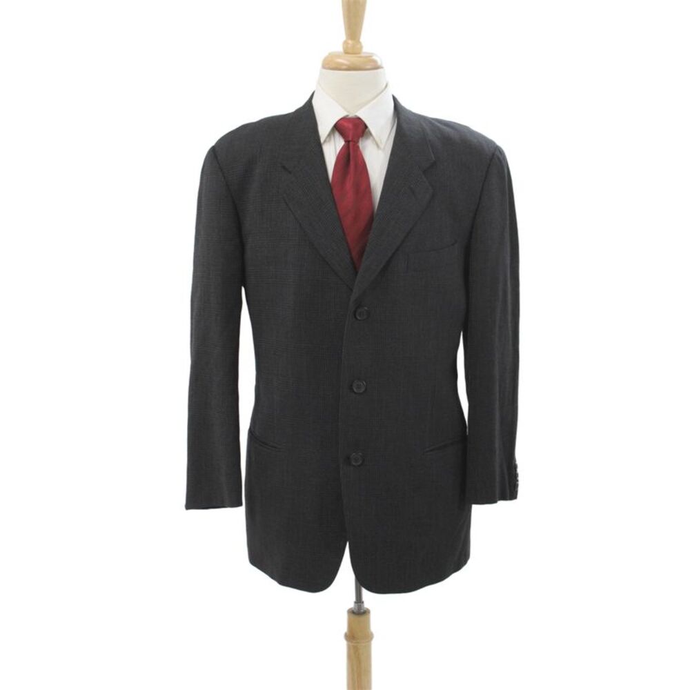 Giorgio Armani Mens Plaid Gray Virgin Wool Blazer Button Fall Size L